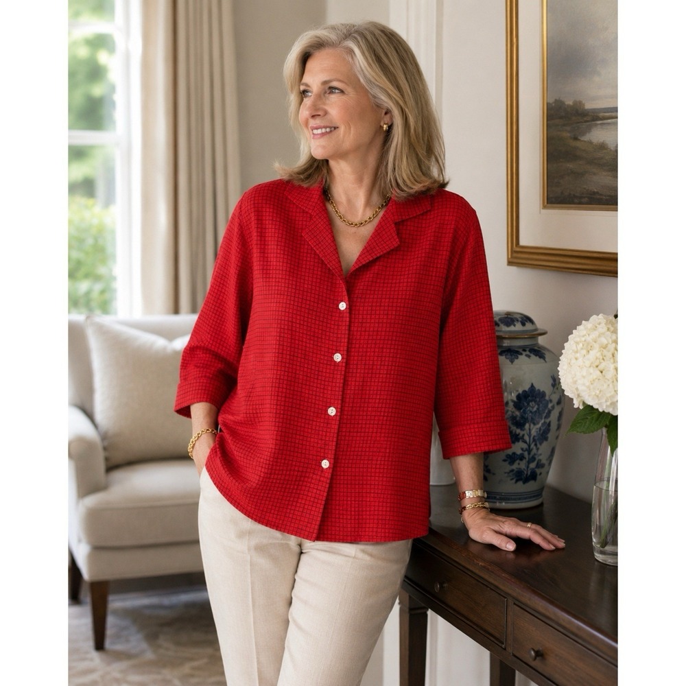 Habitat Size XL Red Textured Plaid Button‎ Front Blouse 3/4 Sleeve Stretch